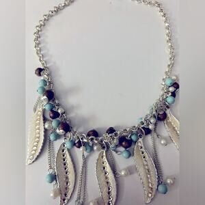 17in adjustable silver necklace with turquoise and brown colored beads